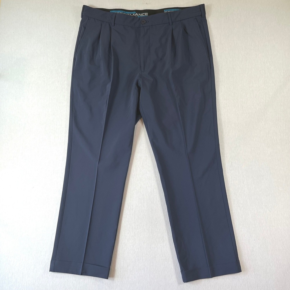Roundtree & Yorke Performance Pants Mens 40x30 (Fit 40x28) Pleated Golf Navy